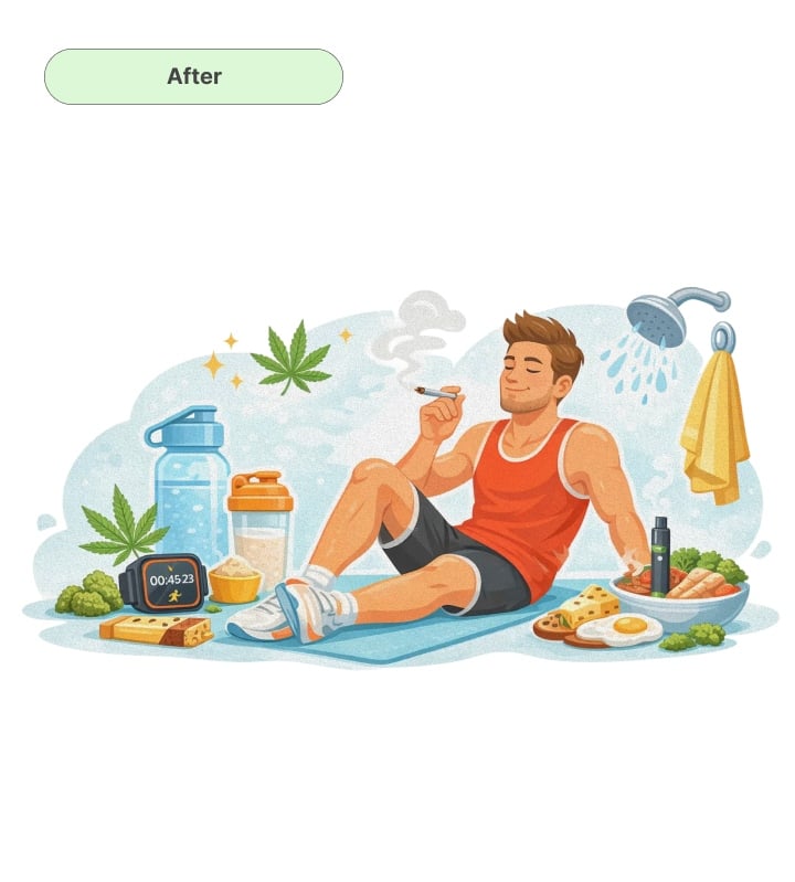 Ilustración de un corredor relajándose con cannabis después del entrenamiento, mostrando comida, hidratación, ducha y elementos de recuperación