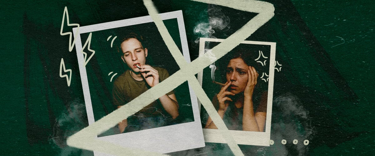 Ansiedad o Paranoia Después de un Descanso de Tolerancia al Cannabis Dos personas fumando cannabis, una relajada, la otra ansiosa, ilustrando la posible ansiedad o paranoia después de un descanso de tolerancia.