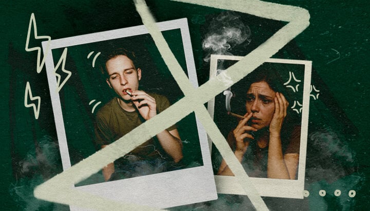 Ansiedad o Paranoia Después de un Descanso de Tolerancia al Cannabis Dos personas fumando cannabis, una relajada, la otra ansiosa, ilustrando la posible ansiedad o paranoia después de un descanso de tolerancia.