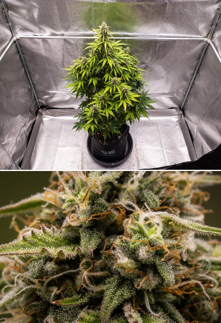 Grow report de Atlas F1: semana 8, cogollos listos para cosechar Planta de cannabis Atlas F1 creciendo en una maceta de tela durante la semana 8 del grow report, mostrando cogollos maduros escarchados, una densa cobertura de tricomas, pistilos naranjas y floración lista para la cosecha.