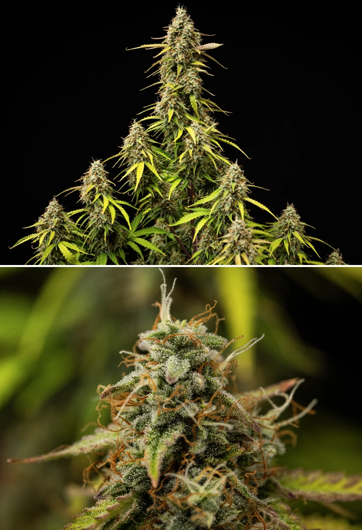 Grow report de Atlas F1: semana 9, maduración final Planta de cannabis Atlas F1 durante la semana 9 del grow report, mostrando cogollos completamente maduros, una densa cobertura de tricomas, pistilos naranjas, hojas en proceso de decoloración y floración madura.