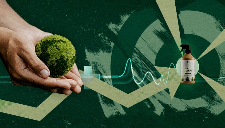 Protección Vegetal Sostenible: Los Beneficios Específicos de los Fungicidas a Base de Cannabis Manos nutriendo una esfera verde sana junto a un fungicida orgánico, representando una protección vegetal específica y sostenible con extractos de cannabis.