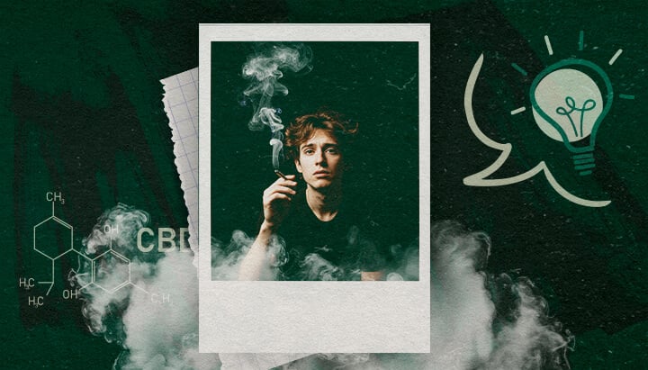 Mejores Prácticas para Reintroducir el Cannabis Hombre fumando cannabis, con ilustración de molécula de CBD e icono de bombilla, representando ideas y mejores prácticas para el uso de cannabis.