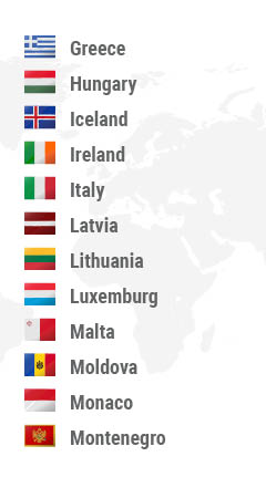 Greece, Hungary, Iceland, Ireland, Italy, Latvia Lithuania, Luxemburg, Macedonia, Malta, Moldova, Monaco
