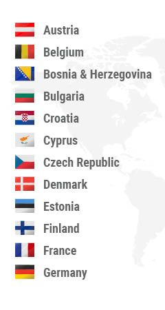 Austria, Belgium, Bosnia and Herzegovina, Bulgaria, Croatia, Cyprus, Czech Republic, Denmark, Estonia, Finland, France, Germany