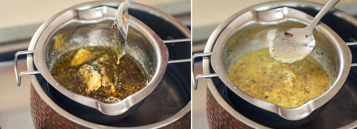 Mezcla de cannabutter hirviendo suavemente al baño maría, con una cuchara removiendo la mantequilla infusionada para mantener un calor uniforme y evitar el sobrecalentamiento