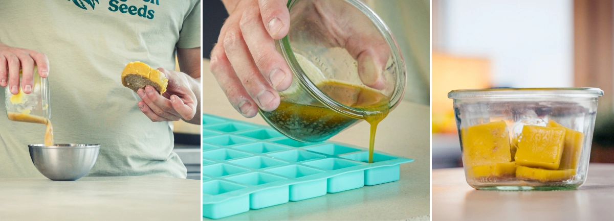 Cannabutter vertido en moldes de silicona para porcionarlo, con cubos de mantequilla terminados guardados en un recipiente de cristal después de separar la mantequilla del agua