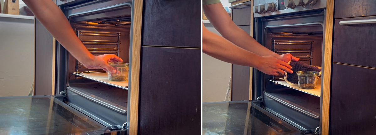 Proceso de descarboxilación del cannabis mostrando un tarro de cristal con cannabis colocado en un horno, con unas manos manipulando cuidadosamente el tarro y la tapa antes de calentarlo