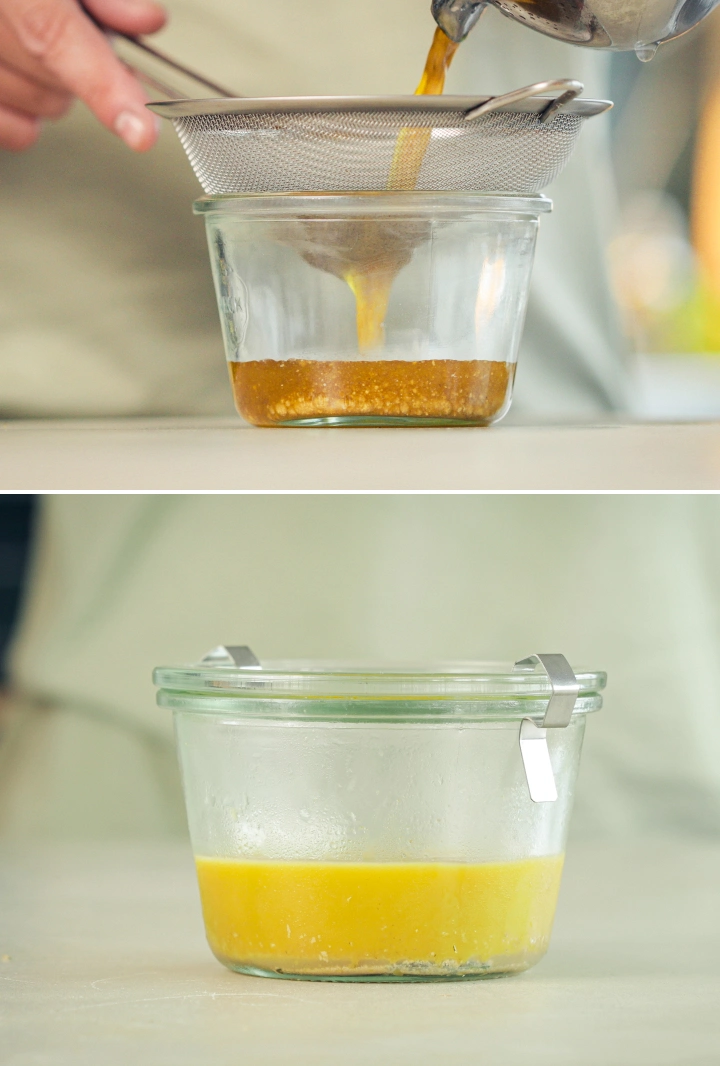 Colado del cannabutter en un bol limpio y transferencia de la mantequilla clarificada a un recipiente para refrigerarla después de retirar la materia vegetal