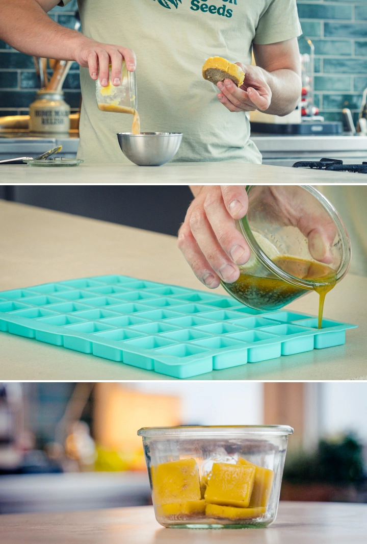 Cannabutter vertido en moldes de silicona para porcionarlo, con cubos de mantequilla terminados guardados en un recipiente de cristal después de separar la mantequilla del agua