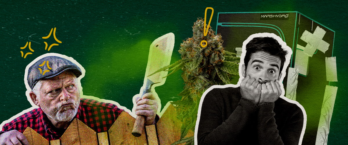 Errores Comunes que Hacen que tu Tienda de Cultivo Huela Cannabis Una ilustración de cogollos de cannabis con una tienda de cultivo, un hombre enojado con un hacha y un hombre sorprendido, sobre un fondo verde, destacando los errores comunes que causan el olor en la tienda de cultivo.