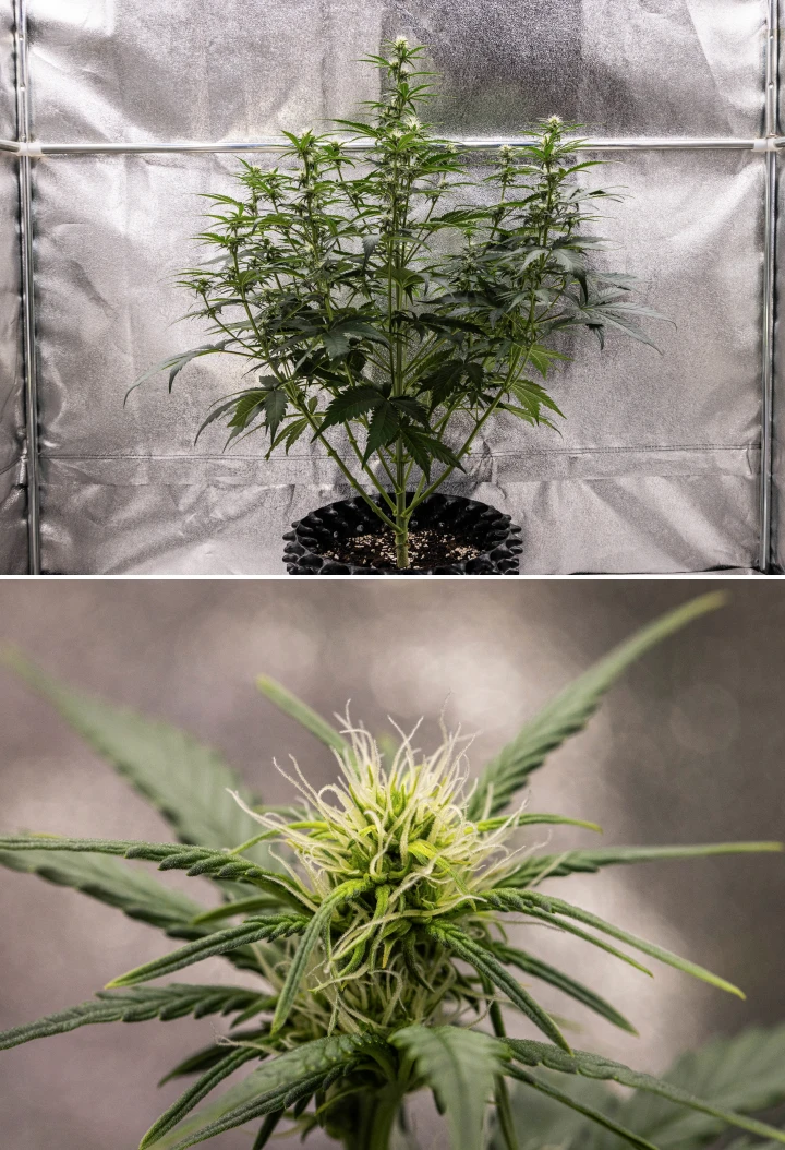 Planta de cannabis Cosmos F1 durante la semana 2 de floración, mostrando una formación temprana de cogollos, follaje verde sano, estructura vertical de ramas y pistilos blancos en desarrollo entre los días 33 y 40 de brotación.