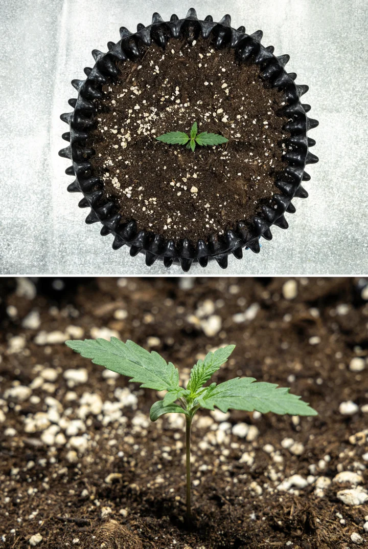 Plántula de cannabis Cosmos F1 durante la germinación, emergiendo de forma uniforme del suelo entre los días 1 y 5 de brotación.