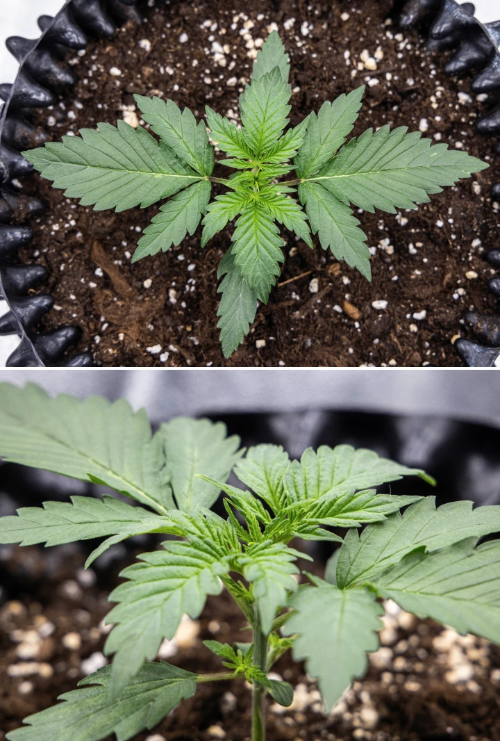 Planta de cannabis Cosmos F1 durante la semana 1 de vegetación, con crecimiento compacto y erguido, espaciado uniforme de las hojas y follaje temprano sano entre los días 5 y 12 de brotación.