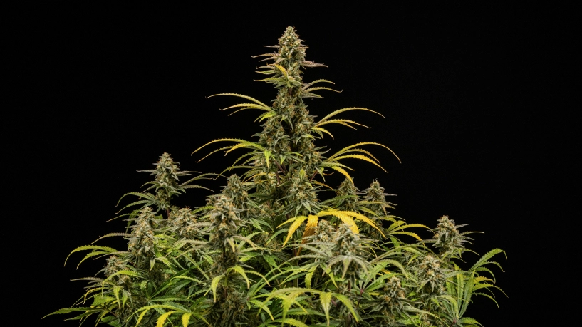 Plantas de cannabis Hyperion F1 maduras sobre fondo negro, mostrando colas altas en floración, cogollos resinosos, hojas en proceso de decoloración y un dosel vigoroso durante la fase final de floración.