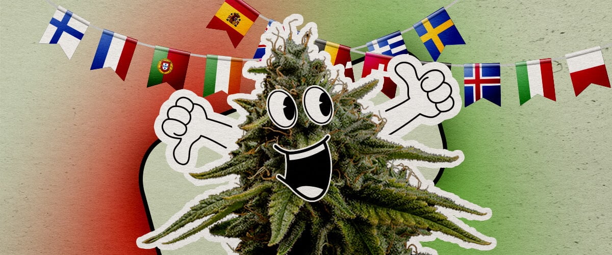 Actitudes culturales hacia la marihuana en Europa Una planta de cannabis cartoon feliz con una gran sonrisa y pulgares arriba está sobre un fondo colorido. Banderas europeas cuelgan arriba, aportando un toque festivo.