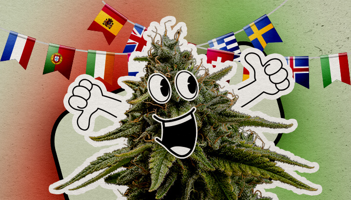 Actitudes culturales hacia la marihuana en Europa Una planta de cannabis cartoon feliz con una gran sonrisa y pulgares arriba está sobre un fondo colorido. Banderas europeas cuelgan arriba, aportando un toque festivo.