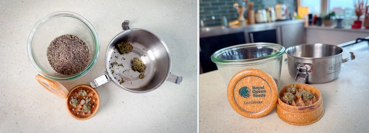 Cannabis molido y cogollos en un grinder, un tarro de cristal y un cazo antes de la descarboxilación.
