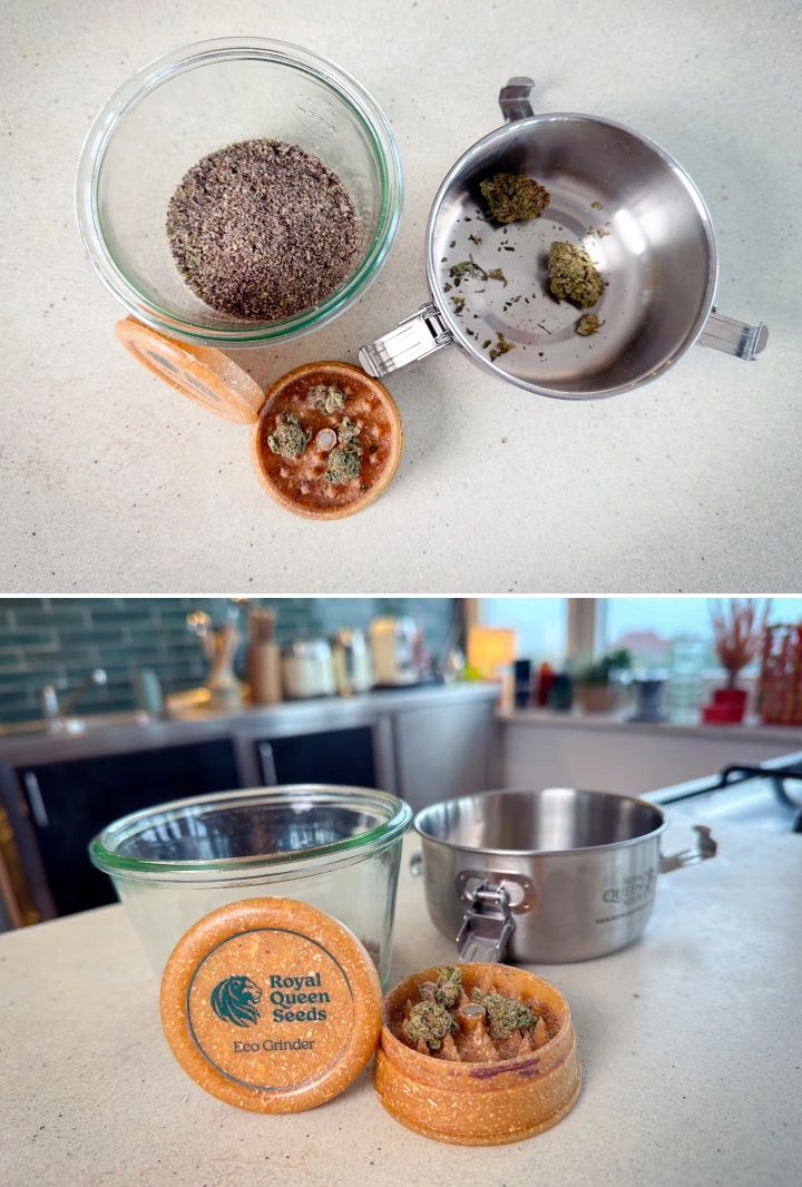 Cannabis molido y cogollos en un grinder, un tarro de cristal y un cazo antes de la descarboxilación.