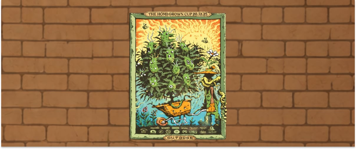 Homegrown Cup Outdoor | Póster oficial del evento Póster ilustrado de la Homegrown Cup edición Outdoor con una planta de cannabis en una escena de jardín estilizada