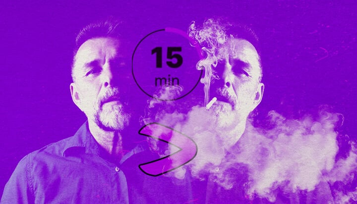 Guía de Dosificación y Consumo de Vapor de Cannabis Un retrato artístico de un hombre barbudo fumando vapor púrpura, con expresión contemplativa, simbolizando métodos de dosificación de cannabis, sobre un fondo abstracto vibrante.