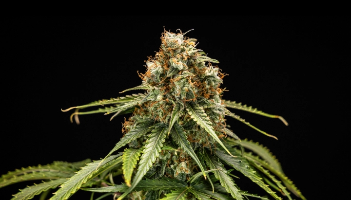 Cogollo de cannabis Epsilon F1 con flores densas y resinosas, pistilos naranjas, hojas verdes y una estructura de floración compacta sobre un fondo oscuro.