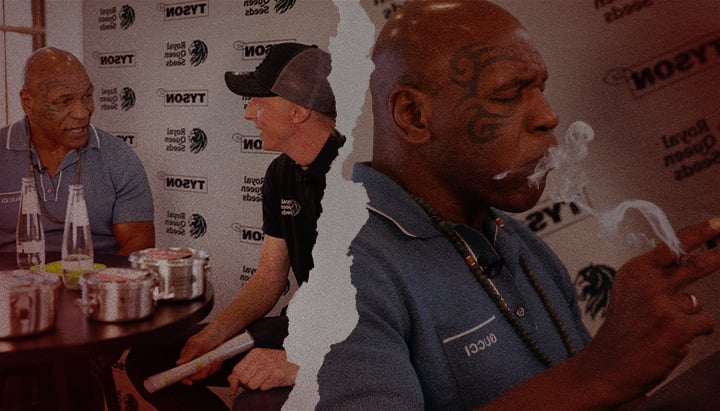 Mike Tyson y Royal Queen Seeds – Conversaciones eufóricas sobre cannabis Mike Tyson conversando y fumando con un representante de Royal Queen Seeds, destacando su colaboración en la industria cannábica y su estilo de vida eufórico.