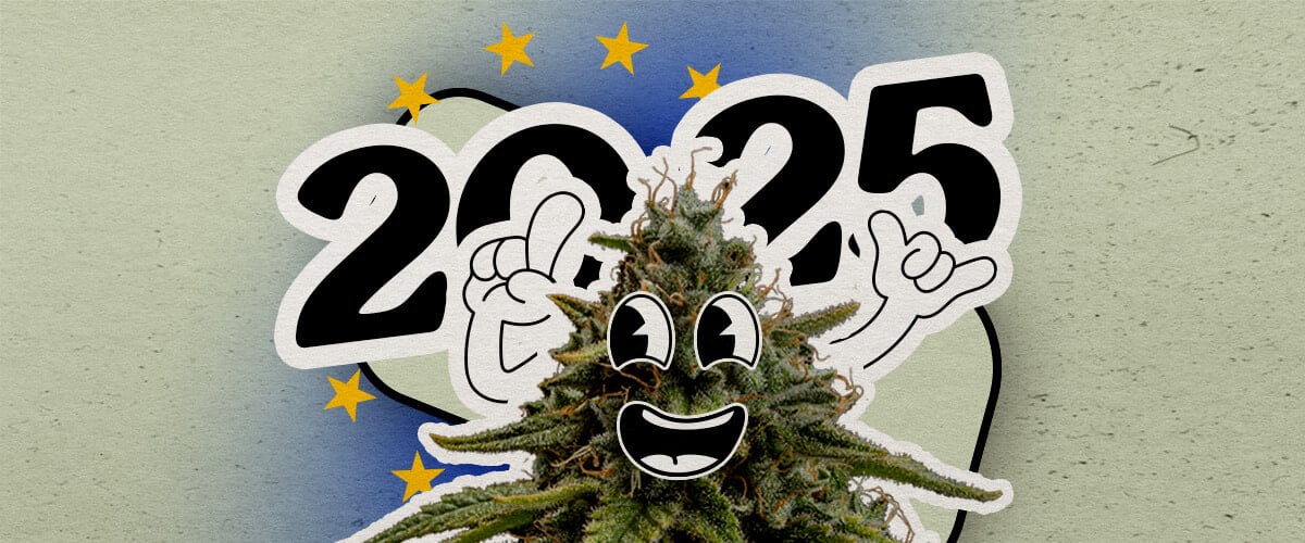 Descubre el panorama cannábico europeo en 2025 Una planta de cannabis cartoon alegre con una gran sonrisa y manos levantadas está sobre un fondo degradado con 2025 y estrellas europeas. La imagen celebra el paisaje del cannabis en Europa para el año.