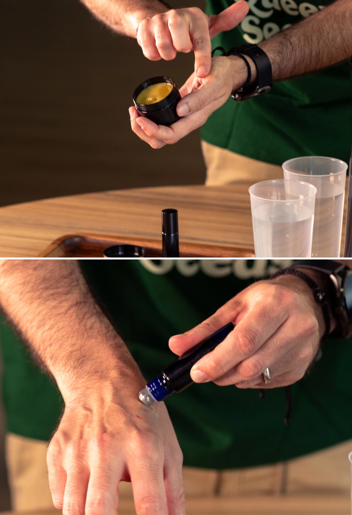 Aprende a aplicar bálsamo casero de cannabis o aceite roll-on sobre la piel como último paso de tu rutina natural.