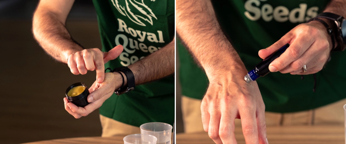 Aprende a aplicar bálsamo casero de cannabis o aceite roll-on sobre la piel como último paso de tu rutina natural.