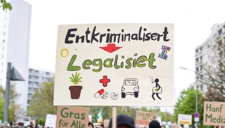 Cartel a favor de la legalización del cannabis en una manifestación en Alemania que pide la despenalización y la legalización.
