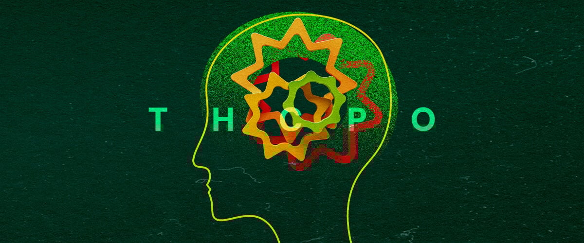 Explora Cómo Funciona el THCPO en el Cuerpo con Esta Ilustración Cerebral Colorida Ilustración vibrante de un perfil de cabeza humana con engranajes coloridos entrelazados y el texto