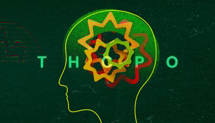 Explora Cómo Funciona el THCPO en el Cuerpo con Esta Ilustración Cerebral Colorida Ilustración vibrante de un perfil de cabeza humana con engranajes coloridos entrelazados y el texto