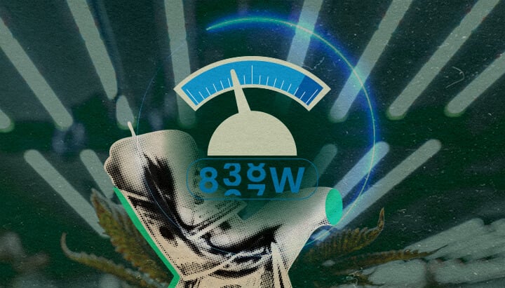 Cuánta Electricidad Usan las Luces LED: Imagen de Medidor Medidor futurista con hojas de cannabis, mostrando el uso eléctrico de luces LED (100W-800W) para plántulas y floración en un fondo verde oscuro, ideal para guías de cultivo de cannabis.