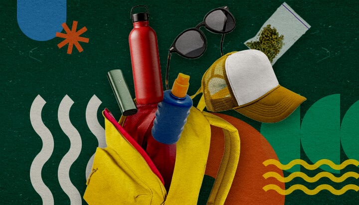 Esenciales para un Festival Amigable con el Cannabis Una colección de esenciales para un festival amigable con el cannabis, que incluye una mochila amarilla, una botella de agua roja, protector solar azul, gafas de sol, una gorra blanca y una bolsa de cannabis, dispuestos sobre un fondo verde vibrante con formas geométricas coloridas.