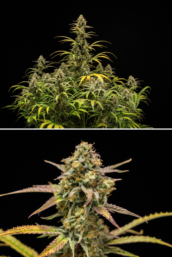 Plantas de cannabis Hyperion F1 en la cosecha, mostrando colas maduras y resinosas, cobertura escarchada de tricomas, pistilos naranjas, hojas amarillas y moradas en proceso de decoloración y crecimiento floral denso sobre fondo negro.