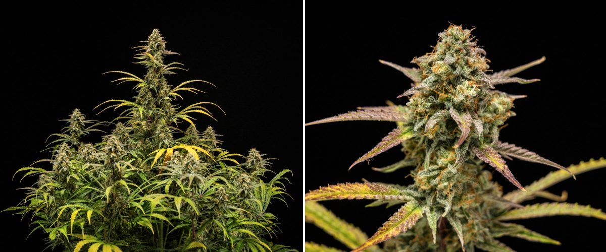 Plantas de cannabis Hyperion F1 en la cosecha, mostrando colas maduras y resinosas, cobertura escarchada de tricomas, pistilos naranjas, hojas amarillas y moradas en proceso de decoloración y crecimiento floral denso sobre fondo negro.