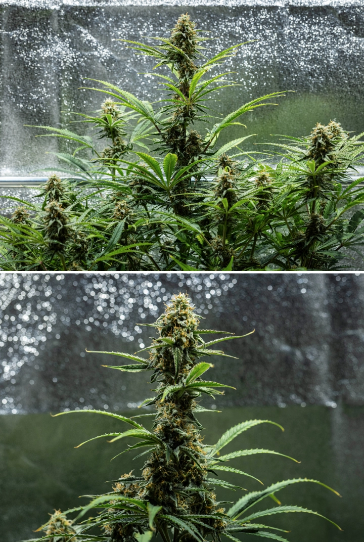 Planta de cannabis Hyperion F1 durante la semana 9 del grow report, mostrando colas maduras en floración, cogollos resinosos, pistilos naranjas, hojas en proceso de decoloración y maduración final dentro de un armario de cultivo.