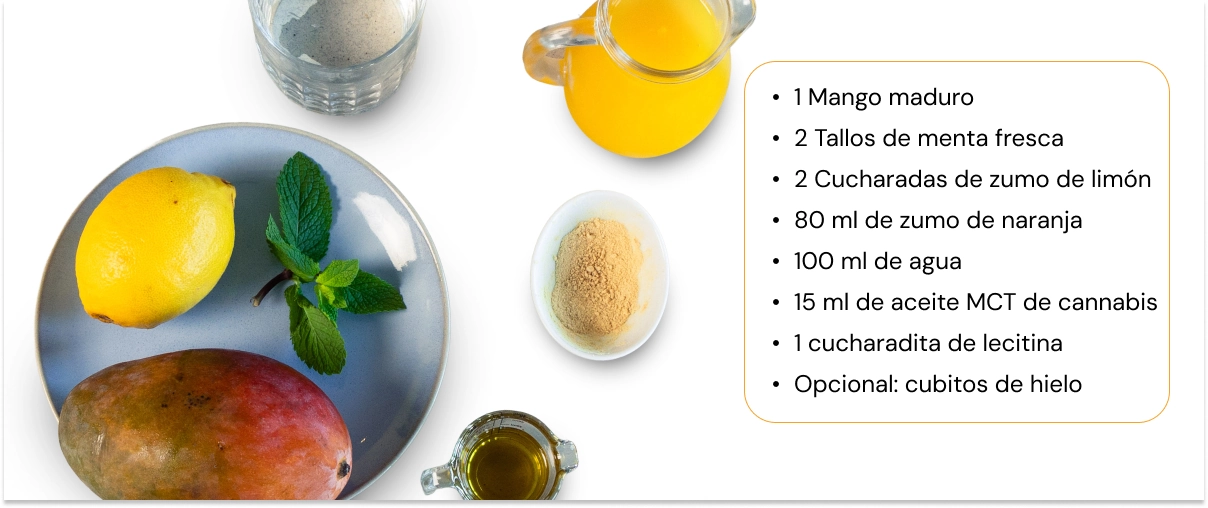Ingredientes para un smoothie de cannabis con mango, limón, menta, zumo de naranja, agua, aceite MCT de cannabis y lecitina dispuestos sobre un fondo blanco.
