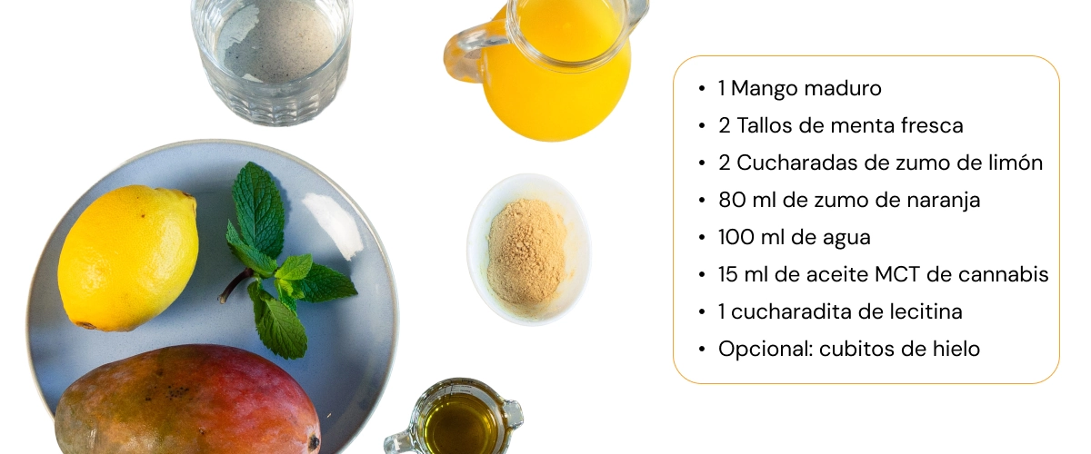 Ingredientes para un smoothie de cannabis con mango, limón, menta, zumo de naranja, agua, aceite MCT de cannabis y lecitina dispuestos sobre un fondo blanco.