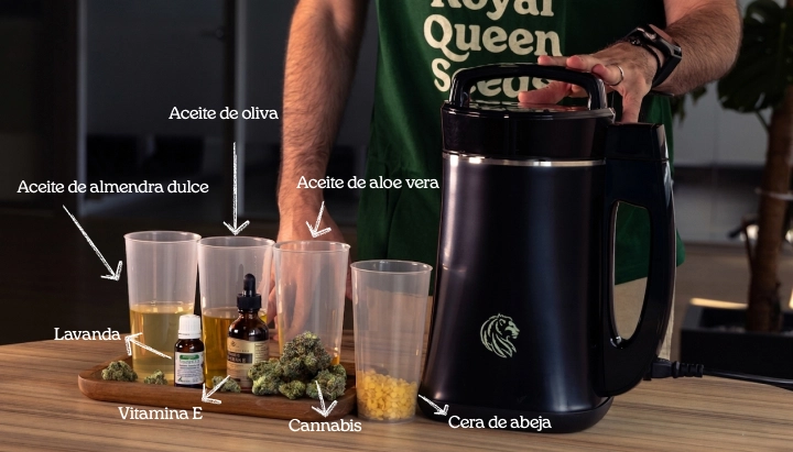 Ingredientes del bálsamo de cannabis con aceites naturales y cera de abeja