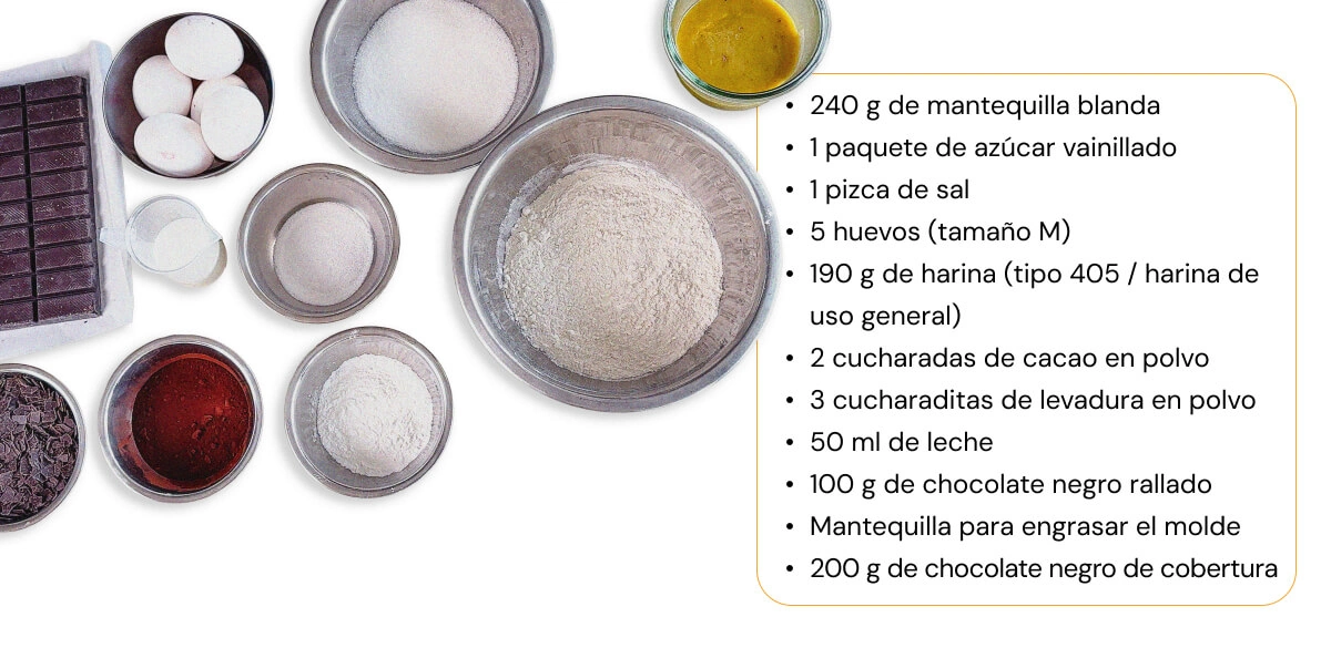 Ingredientes para una receta casera de space cake con cannabis con harina, cacao, huevos, mantequilla, leche y chocolate negro