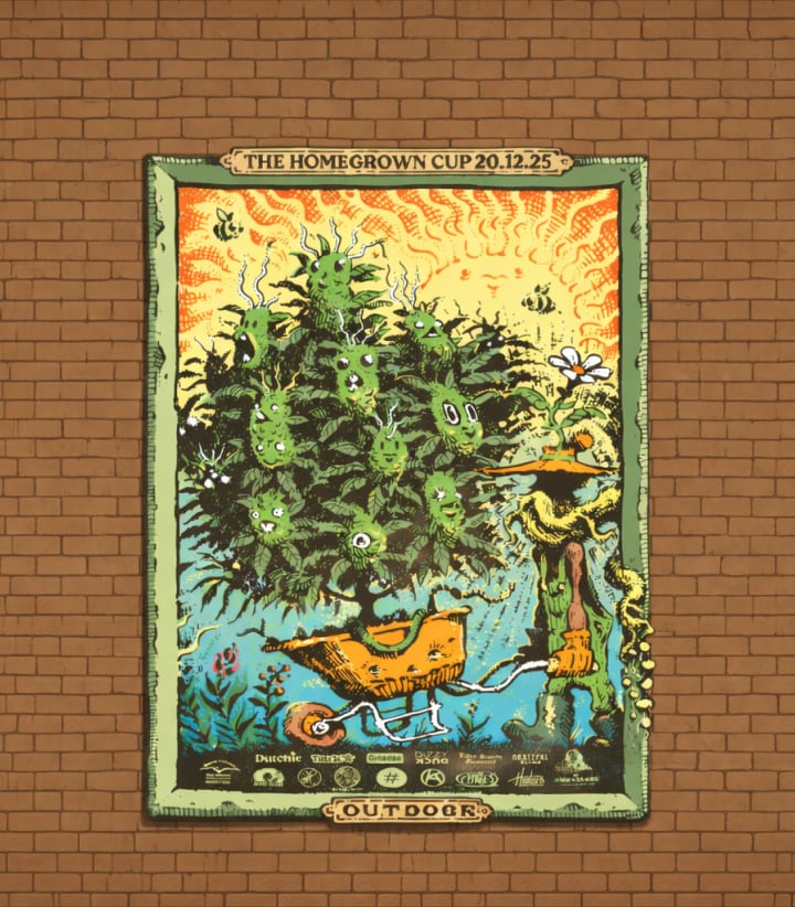 Póster ilustrado de la Homegrown Cup edición Outdoor con una planta de cannabis en una escena de jardín estilizada