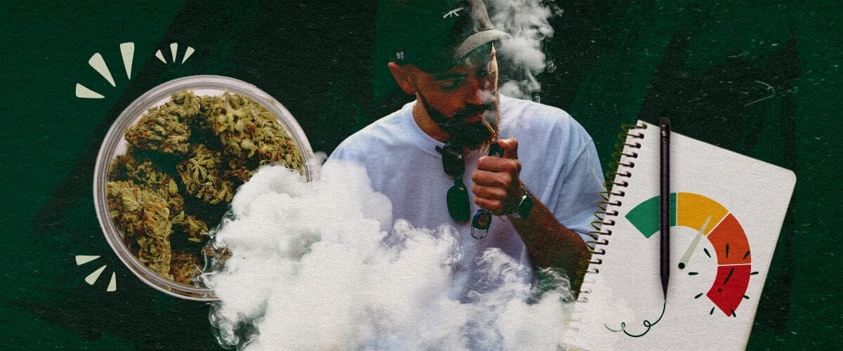 Monitoreo de la Respuesta de su Cuerpo al Cannabis Hombre vapeando cannabis con un frasco de cogollos y un indicador que ilustra el seguimiento de la respuesta corporal.