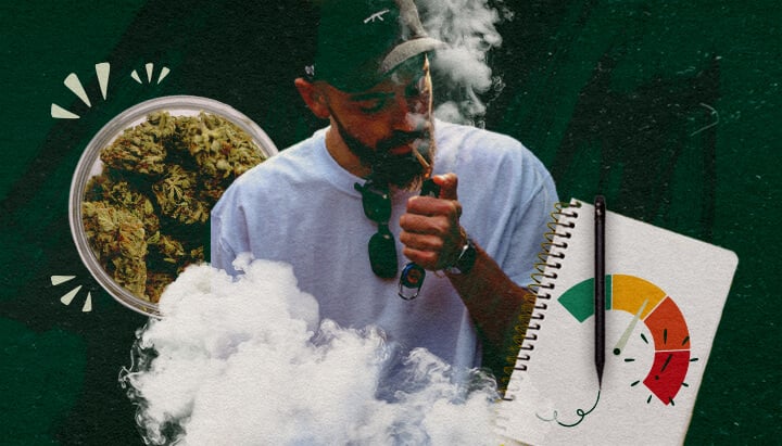 Monitoreo de la Respuesta de su Cuerpo al Cannabis Hombre vapeando cannabis con un frasco de cogollos y un indicador que ilustra el seguimiento de la respuesta corporal.