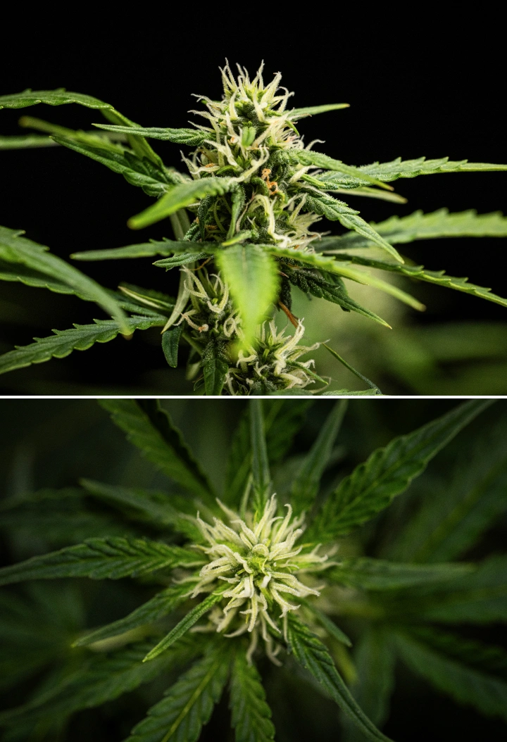 Planta de cannabis NYC Sour Diesel Auto en la semana 6 de floración, alcanzando unos 122 cm, con crecimiento vertical más lento, cogollos más firmes, desarrollo inicial de resina y formación floral densa bajo luz LED