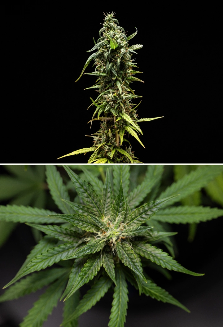 Planta de cannabis NYC Sour Diesel Auto en la semana 8 de floración con tricomas lechosos, cogollos compactos y aromáticos, gran producción de resina y una cola superior ligeramente menos madura cerca de la cosecha