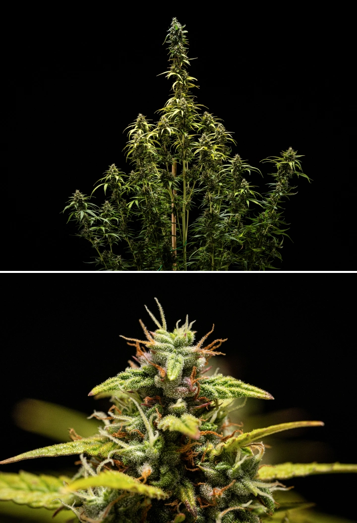 Planta de cannabis NYC Sour Diesel Auto en la semana 9 de floración durante la cosecha, con tricomas mayoritariamente lechosos, cogollos densos, estructura alta y ligero estrés lumínico en la cola superior