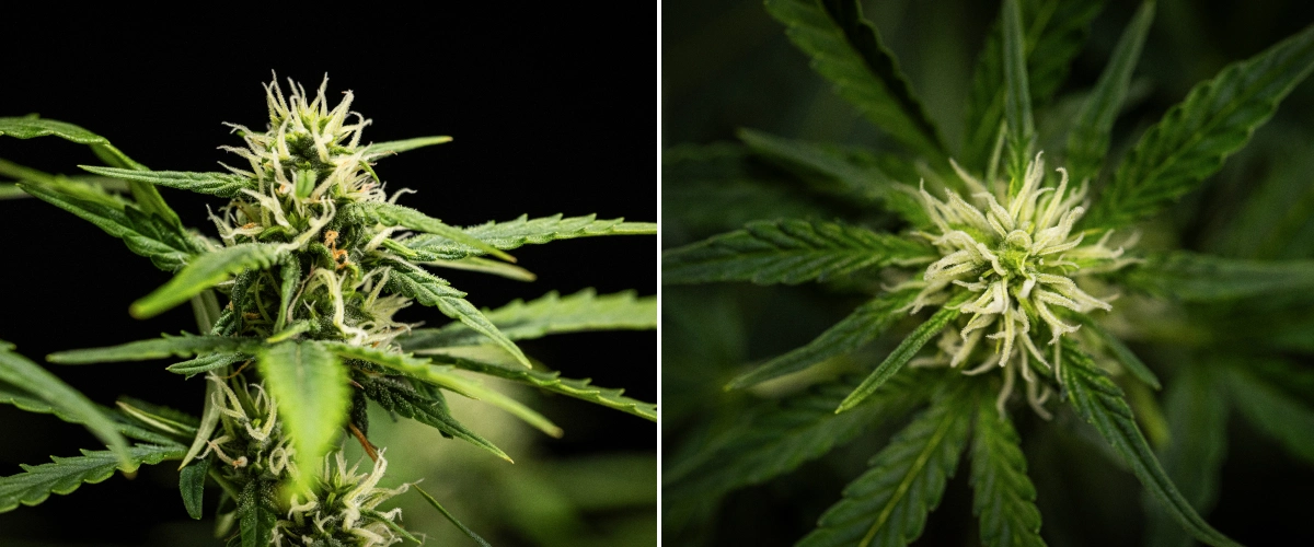 Planta de cannabis NYC Sour Diesel Auto en la semana 6 de floración, alcanzando unos 122 cm, con crecimiento vertical más lento, cogollos más firmes, desarrollo inicial de resina y formación floral densa bajo luz LED