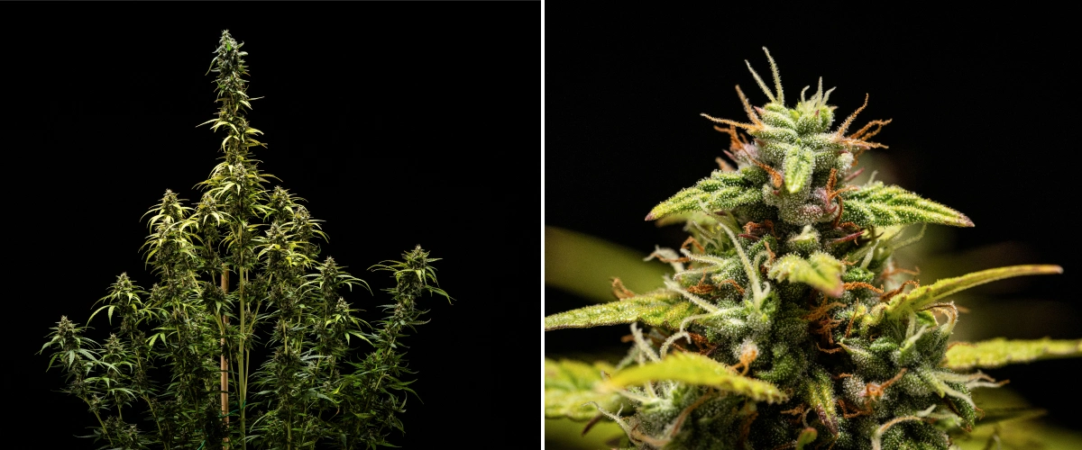 Planta de cannabis NYC Sour Diesel Auto en la semana 9 de floración durante la cosecha, con tricomas mayoritariamente lechosos, cogollos densos, estructura alta y ligero estrés lumínico en la cola superior